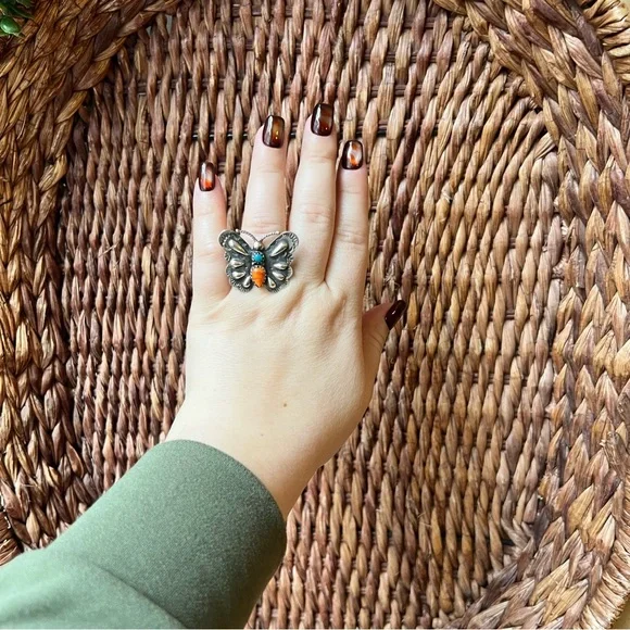 Spiny Oyster & Turquoise Butterfly Statement Ring925 SterlingSize 8